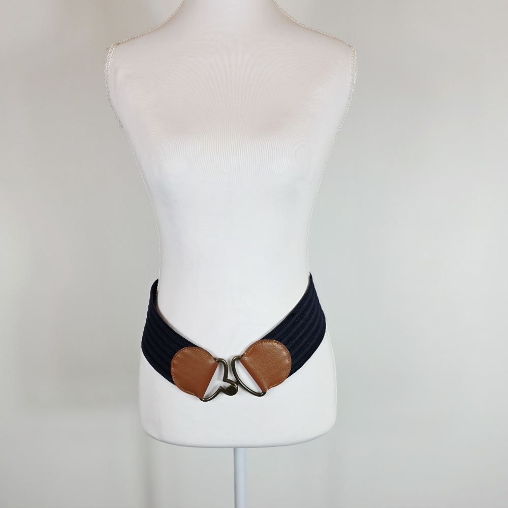 Cinch Navy Blue Ribbed Elastic Wide Belt With Brown Leather